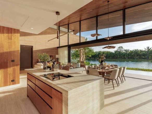 Lakeview living space of wooden modern villa