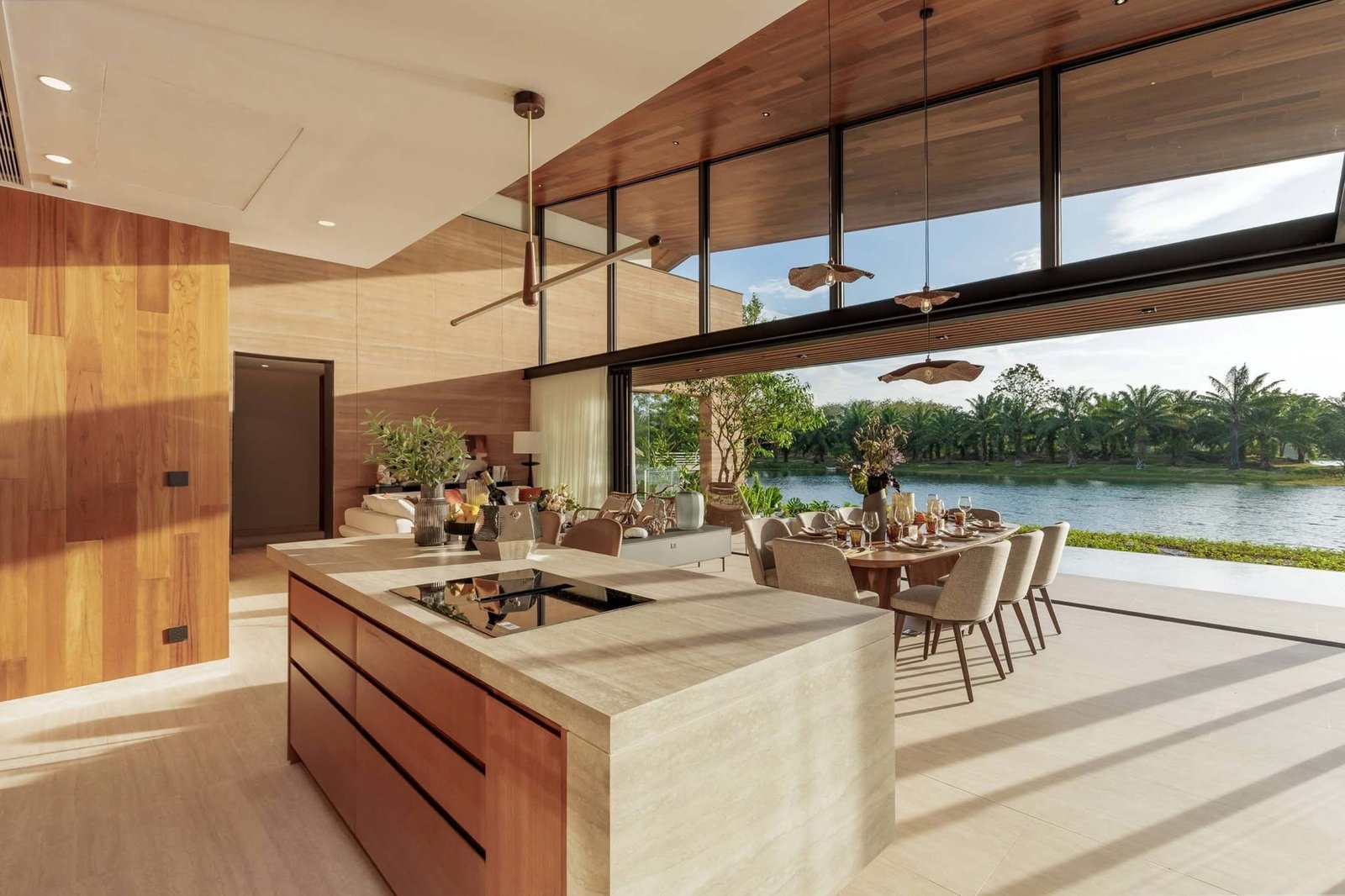 Lakeview living space of wooden modern villa